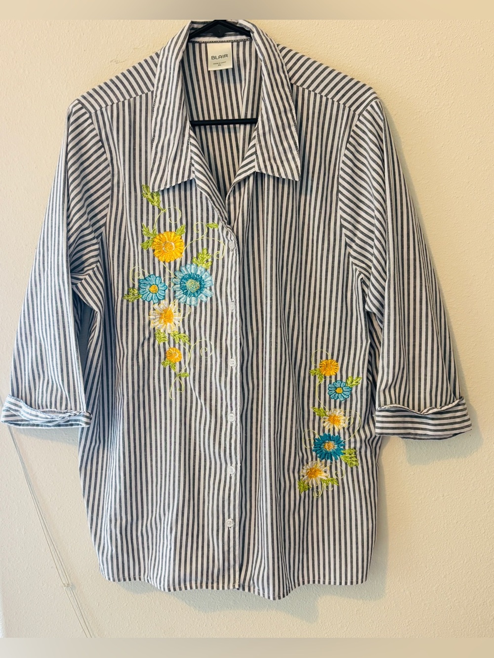 Blair blouse grey white stripes & embroidery